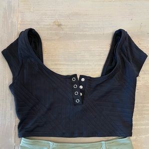 Aerie Cropped Swim Top Cap Sleeves Snaps Black